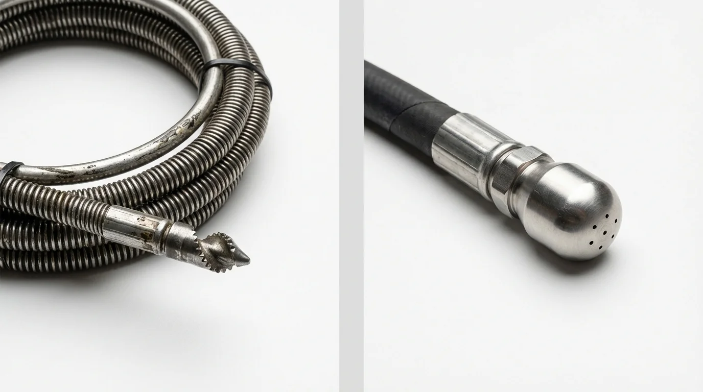 Drain snake cable and hydro jetting nozzle used for drain cleaning in Long Beach, NY