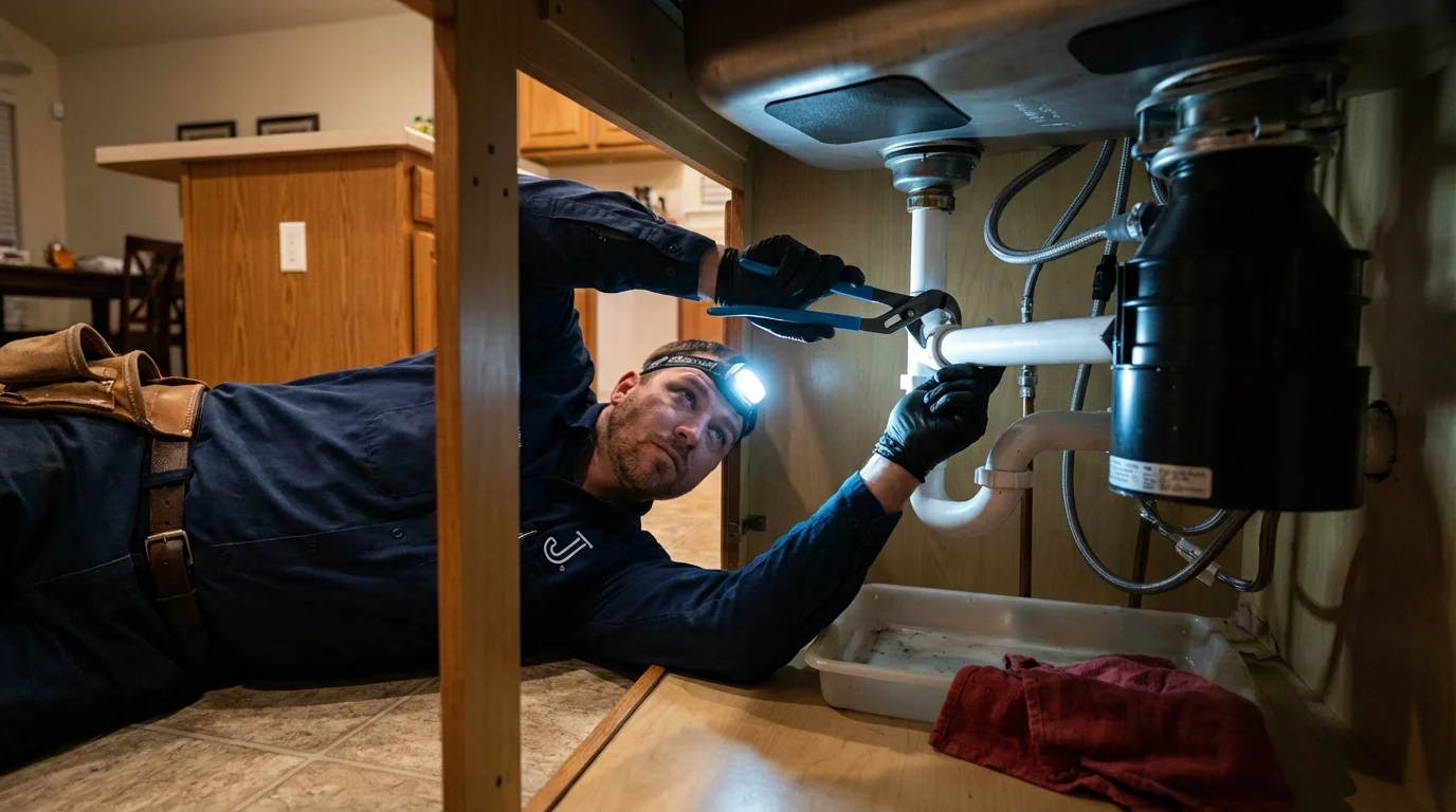 P-trap and supply line connections under a kitchen sink showing a common leak point in Long Beach, NY